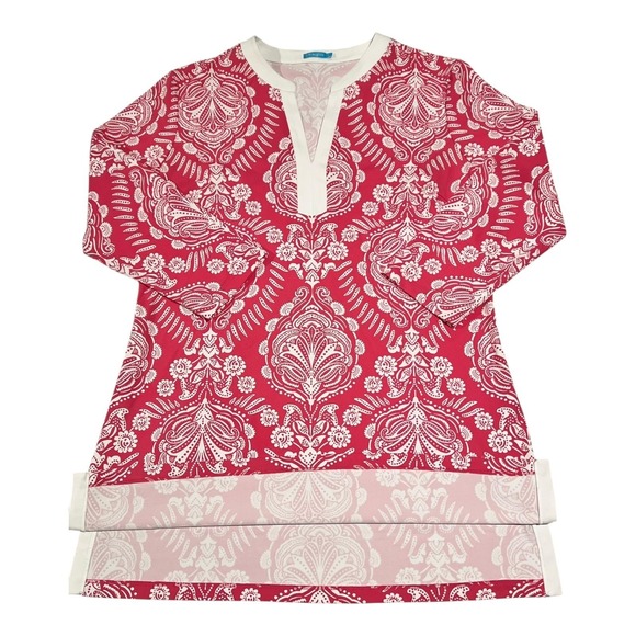 J.McLaughlin Tunic Top Floral Print‎ Long Sleeve V-Neck Red White Size L - Picture 1 of 11
